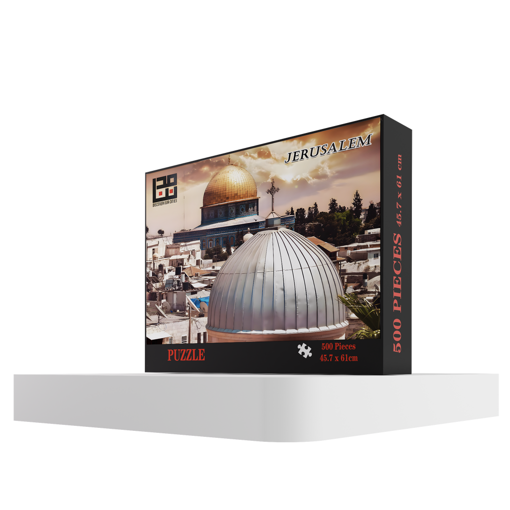 Jerusalem 500 piece puzzle box by Mudununa featuring Dome of the Rock and historic city skyline