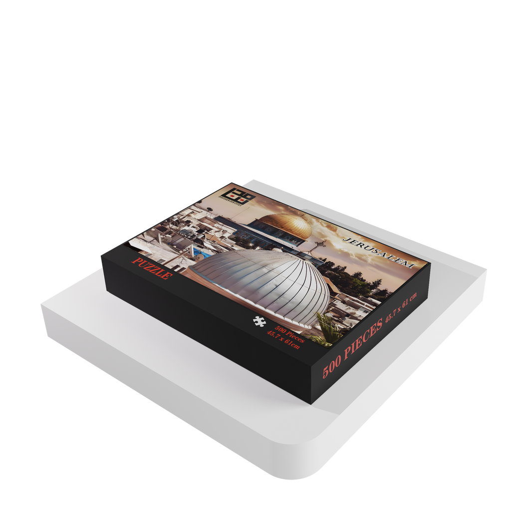 Jerusalem 500 piece puzzle box by Mudununa featuring Dome of the Rock and historic city skyline