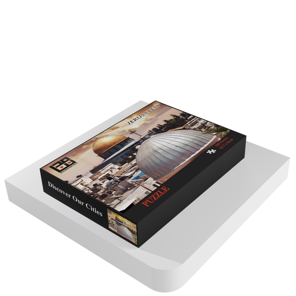 Jerusalem 500 piece puzzle box by Mudununa featuring Dome of the Rock and historic city skyline