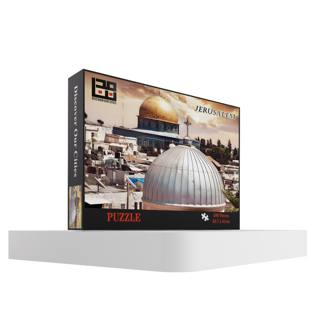 Jerusalem 500 piece puzzle box by Mudununa featuring Dome of the Rock and historic city skyline